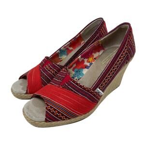 Toms Lina Aztec Print Peep Toe Espradille Wedges Women’s Size 6.5
